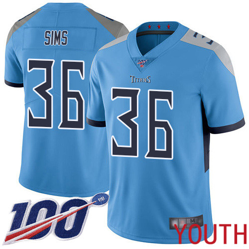 Tennessee Titans Limited Light Blue Youth LeShaun Sims Alternate Jersey NFL Football 36 100th Season Vapor Untouchable